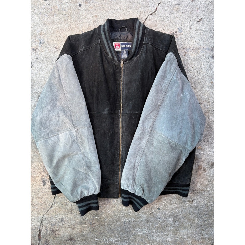 Free Country Mens XL Suede Leather Bomber Jacket Two Tone Black Gray 352944